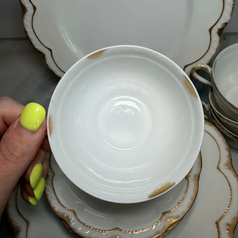 Antique Haviland Limoges Gold Dusted Rim Scalloped Plate Saucers Cups For 4 Set